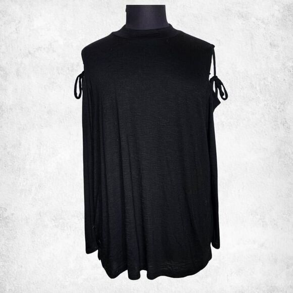 Lane Bryant Black Cold Shoulder Top 22/24 Plus Size Tie Sleeve Modal Blend Tunic - Picture 1 of 7